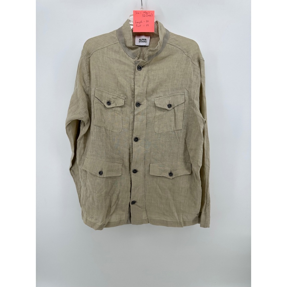 Alpha Studio Mens 100% Linen Safari Shirt Jacket Khaki Tan Banded Collar 52 L